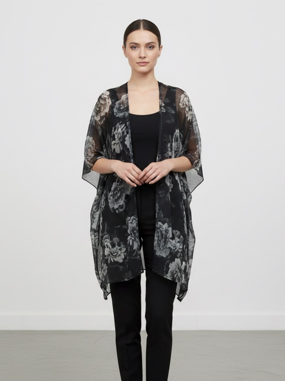 Black Floral Sheer Kimono Cover-Up